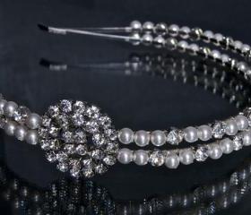 Side Tiara / Wedding Headband - Bridal Hair Accessories - Double Band Pearl and Diamante / Rhinestone