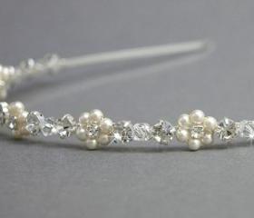 Pearl Flower Headband, Swarovski Pearls and Clear Rhinestones, Bridesmaids headband Wedding