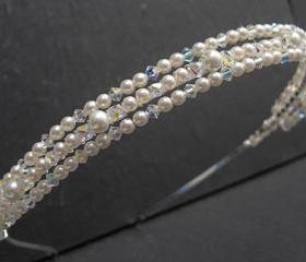 Triple Wedding Headband, Bridal Headbands - Swarovski Crystal and Ivory Pearls, Wedding Hair Accessories