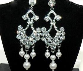  Chandelier Rhinestone Vintage Style Pearl Earrings - Bridal Wedding Swarovski Crystal Earring