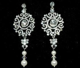 Bridal Wedding Pearl Earrings Vintage Style Chandelier Earrings - Art Deco Style