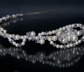 Pearl and Crystal Side Tiara Headband, Wedding Hair Accessories Ivory Perl and Clear Crystal - Swarovski Elements