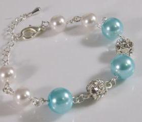 Blue Bridal Bracelet - Pearl and Rhinestone Silver Bracelet Weddings jewelry, heart shaped clasp