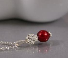 Red Pendant - Pearl and Rhinestone Crystal Bridesmaid Jewelry - Red Wedding Jewellery