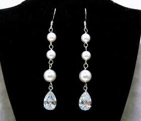 Wedding Bridal Earrings with swarovski Pearls and Cubic Zirconia - Wedding Earrings 