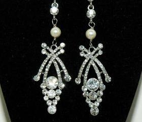 Wedding Bridal Art Deco Crystal Earrings - Bridal Wedding Pearl Earrings - Swarovski Crystal Earrings