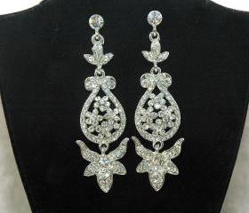 Bridal Rhinestone Silver Chandelier Earrings - Bridal Wedding Bridesmaids Dangle Earrings