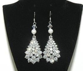 Rhinestones Teardrop Wedding Earrings - Rhinestone Wedding Earrings - Pearl Dangle Diamante J