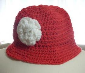 Red Cloche Hat with White Rose