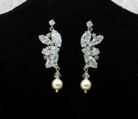Bridal Crystal Dangle Pearl Earrings with Cubic Zirconia - Wedding Earrings - Pearl Dangle