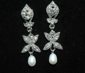 Bridal Pearl Rhinestone Earrings - Bridal Wedding Crystal Earrings -Dangle Swarovski Earrings