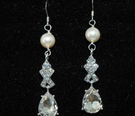 Pearl Teardrop Earrings - Bridal Wedding Rhinestone Dangle Earrings -Fashion Costume Jewelry - Diamante Earring