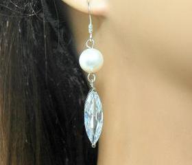 Wedding Cubic Zirconia Bridal Dangle Pearl Earrings - Silver Dangle Earrings,Rhinestone Earrings