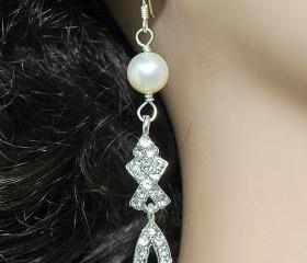 Wedding Bridal Pearl Earrings - Bridal Dangle Rhinestone Earrings - Diamante Earrings