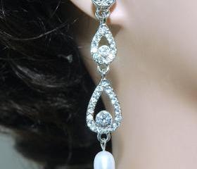 Wedding Dangle Crystal Pearl Earrings - Bridesmaids Rhinestone Earrings -Dangle S