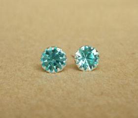 SALE - Aquamarine Blue CZ Round Ear Stud Earrings - 925 Sterling Silver Earrings - Gift under 10 - Aquamarine Blue Cubic Zirconia Ear Posts