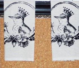 Taupe Natural Cotton hand towel or tea towel with black screen print with Crowned Bird