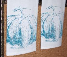 Cotton Huck Tea Towel or Dish Towel with Turquoise Pumpkin Hand Screen Print