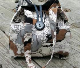 Handmade Fantasy Black, Brown, And Tan Mod Designer Print Handbag, Evening Purse with Beaded Tassel