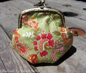 Handmade Fantasy Inspired Green Asian Floral Artist Print Coin Purse, Change Purse, Coin Pouch