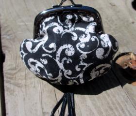 Handmade Fantasy Black Kiss Clasp Coin Purse, Change Purse, Coin Pouch with White Filigree, Swirls