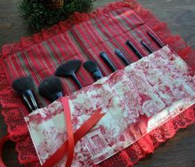 Handmade Couture Christmas Toile Makeup Brush Roll, Paintbrush Roll, Makeup Brush Case, Paintbrush Case