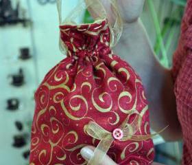 Red and Gold Swirl Holiday Pouch Purse, Drawstring Pouch, Gift Wrap, Fantasy Pouch Purse