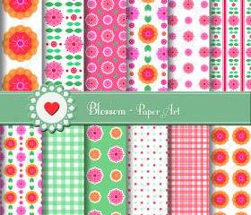 Pink Orange Flowers Digital Printable Paper Sheets - Scrapbooking - DIY Projects - Personal and Commercial Use - 1493