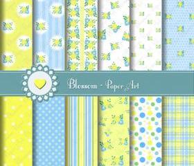 Light Blue - Yellow - Baby Floral - Digital Scrapbooking Paper Pack - Baby Showers Deco - DIY Projects - Personal and Commercial Use - 1487