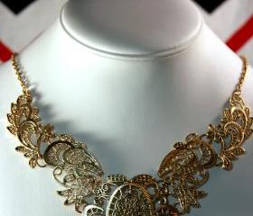Antique Vintage Bronze Gold Filigree Statement Bib Necklace