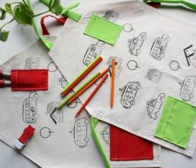 Kids apron with cars screenprinted for coloring - Cotton apron for children from 5 years and up.