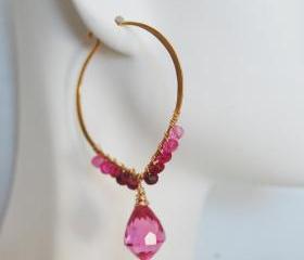  Gemstone Hoop Earrings - Hot Pink Quartz and Shaded Ruby Hoop Chandelier Earrings