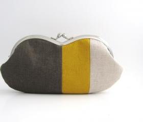Sunglasses Case/ Frame Clutch Purse - linen patchwork- dark brown and mustard yellow