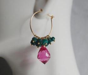  Gemstone Hoop Chandelier Earrings - Hot Pink Quartz and Gorgeous Emerald Hoop Chandelier Earrings