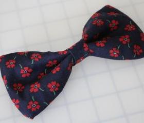 Medium Dark Navy Blue with Red Flowers Hair Bow Barrette