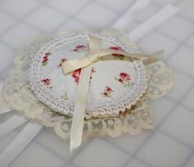 Round Off-White Floral Circle Eye Patch Pink Flowers Eyepatch Cream Lace and Satin Bow with White Ribbon Ties
