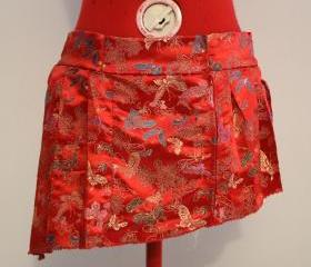 Red Asian Silk with Floral and Butterflies Design Asymmetrical Pleated Skirt Side Zip