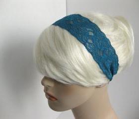 Stretch Lace Headband Blue Teal Flowers Head Wrap Women's Classic Hairband