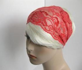 Wide Stretch Lace Headband Coral Pink Flowers Fancy Head Wrap Women's Hairband Traditional Head Covering