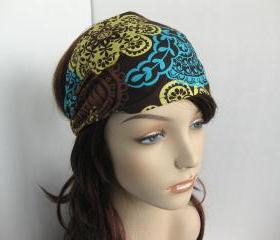 Bohemian Headband Women's Boho Head Wrap Brown Yellow Light Teal Floral Hair Bandana Michael Miller Fabric Autumn Fall Fashion Style