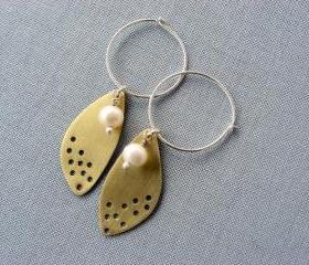  Sterling silver brass leaf and pearl hoop earrings