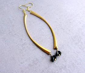  Gold Brass dangle long earrings with vintage glass black flowers