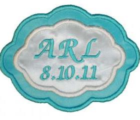 Tiffany Blue Two Color Satin Oval Custom Embroidered Wedding Gown Label 