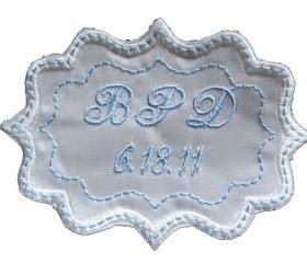 Frame Style White Satin Custom Embroidered Wedding Gown Label 