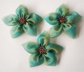 Emerald Green Holographic Organza Fabric Flower Appliques Embellishments(3 pcs)