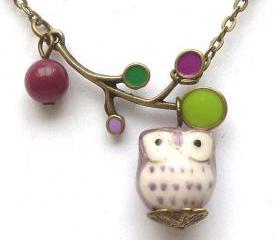 Original Antiqued Brass Leaf Jade Porcelain Owl Necklace