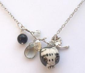 Silver Leaf Agate Quartz Porcelain Owl Necklace