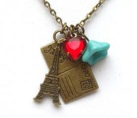 Antiqued Brass Eiffel Tower Postcard Czech Glass Flower Necklace