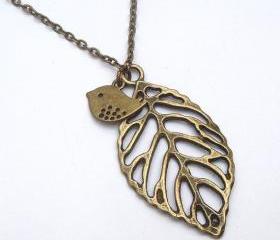 Antiqued Brass Leaf Bird Necklace