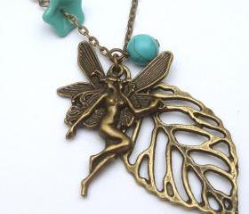 Antiqued Brass Leaf Angel Turquoise Czech Glass Flower Necklace